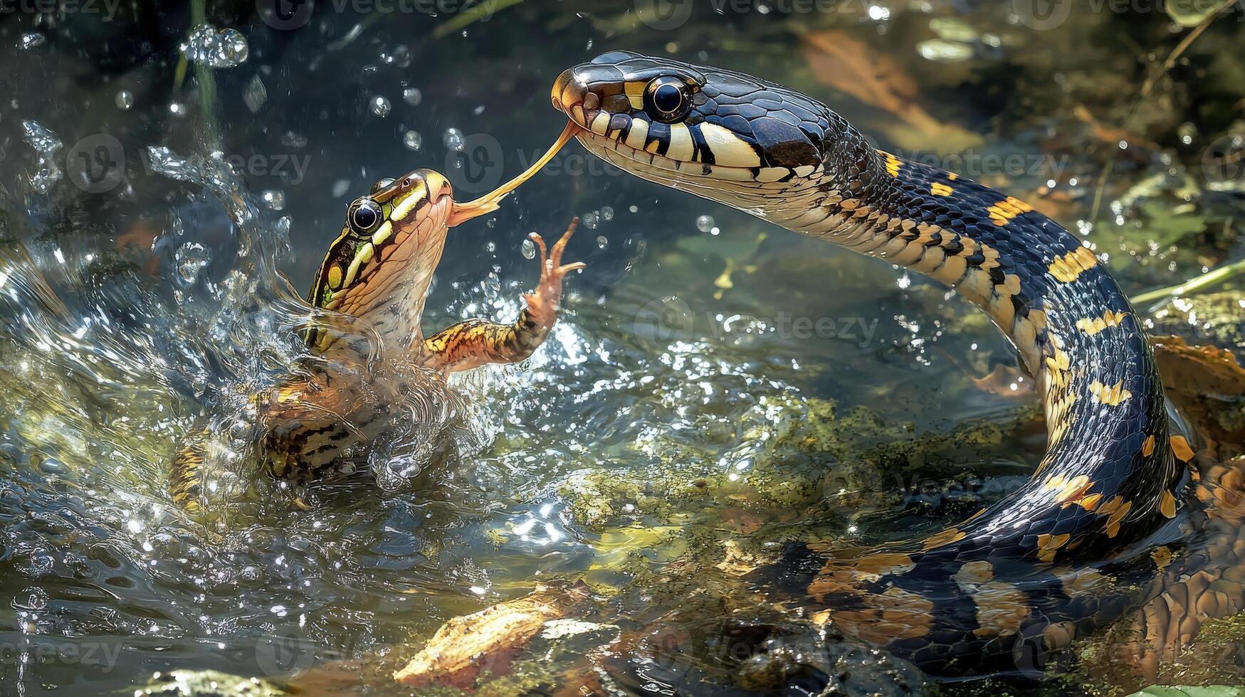 A snake attempts to eat a frog in a water filled area photo