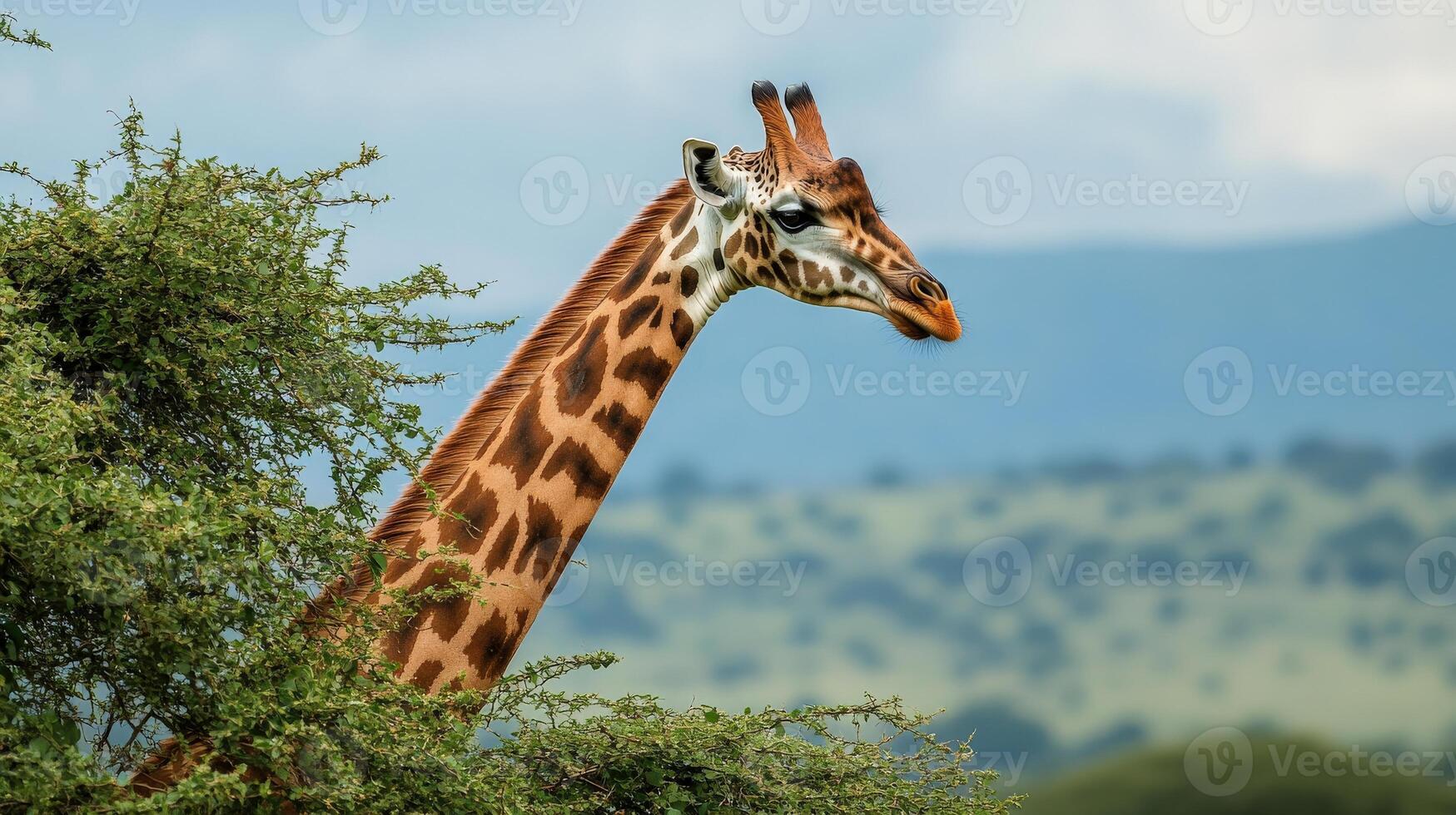 A tall majestic giraffe emerges from lush green vegetation gracefully photo