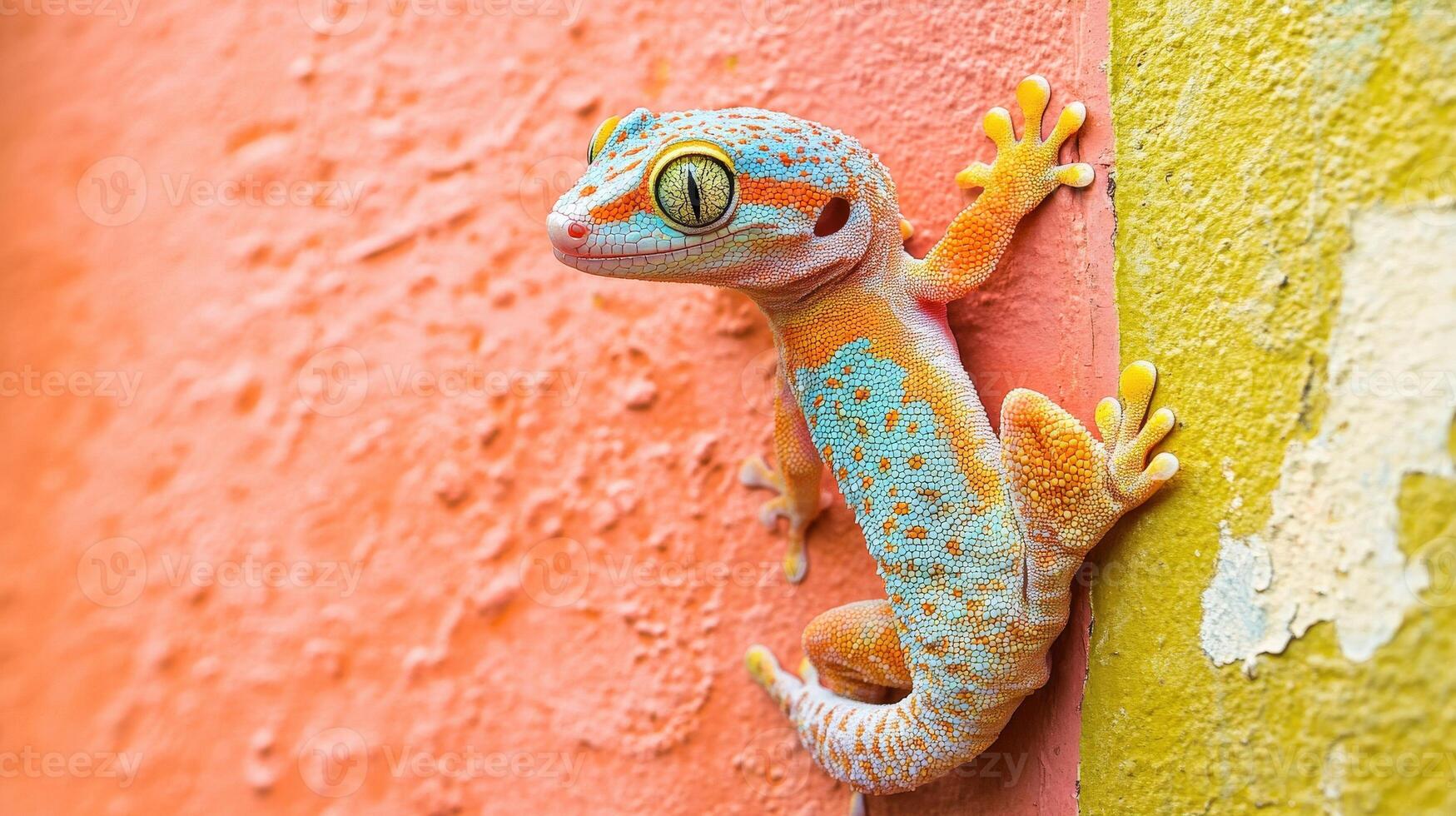 Colorful lizard clings onto a textured orange and yellow wall photo