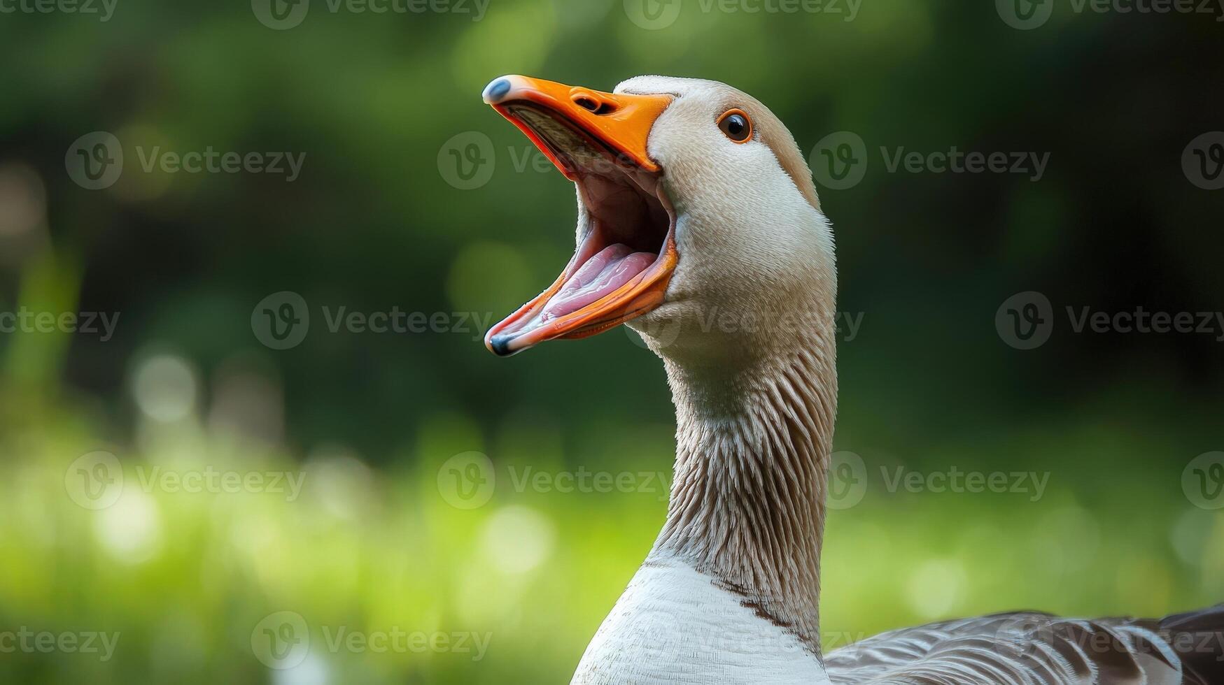 A close up portrait of a goose with open beak photo