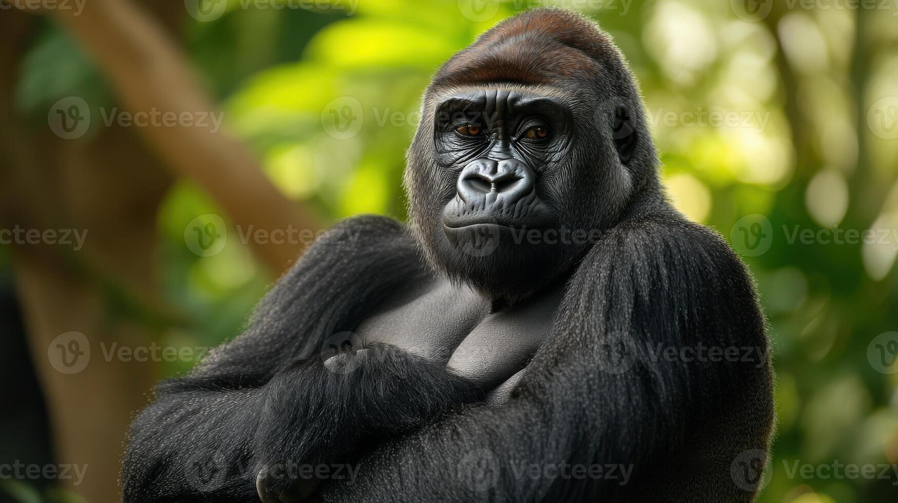 A majestic gorilla with dark fur looking directly at the viewer photo