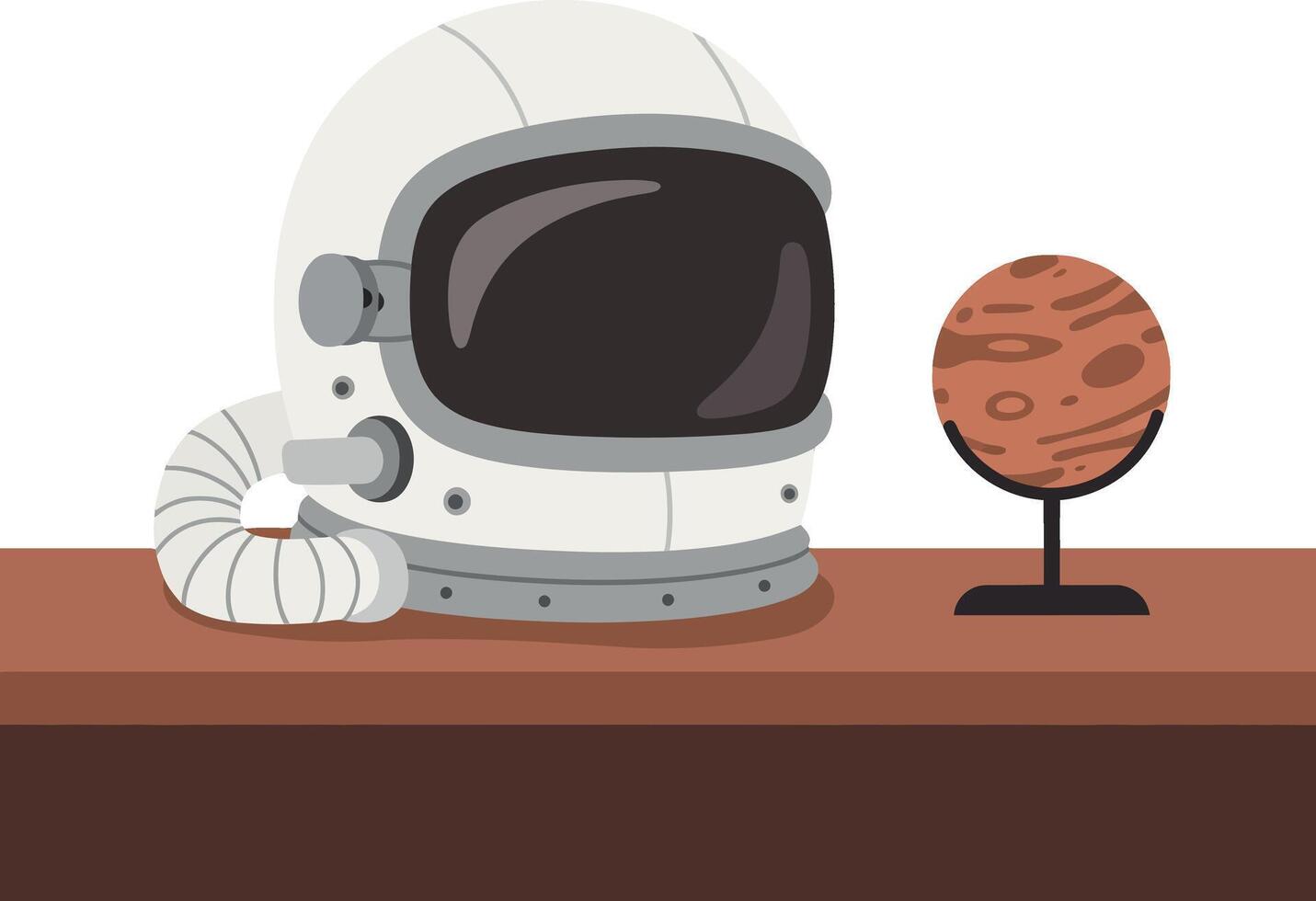White astronaut helmet and brown planet model on wooden table flat design illustration vector
