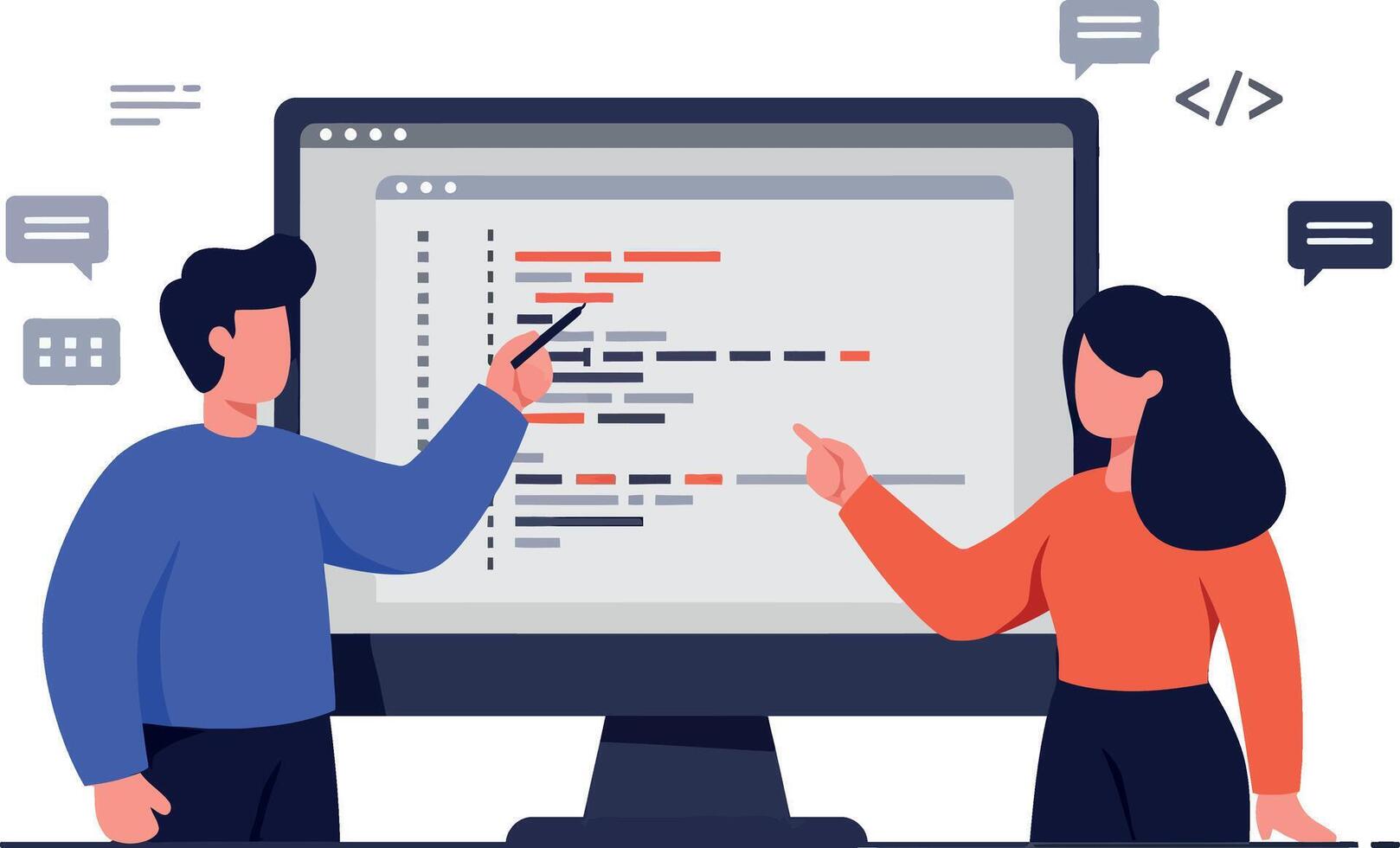 Two programmers discussing code on large computer screen flat design illustration vector