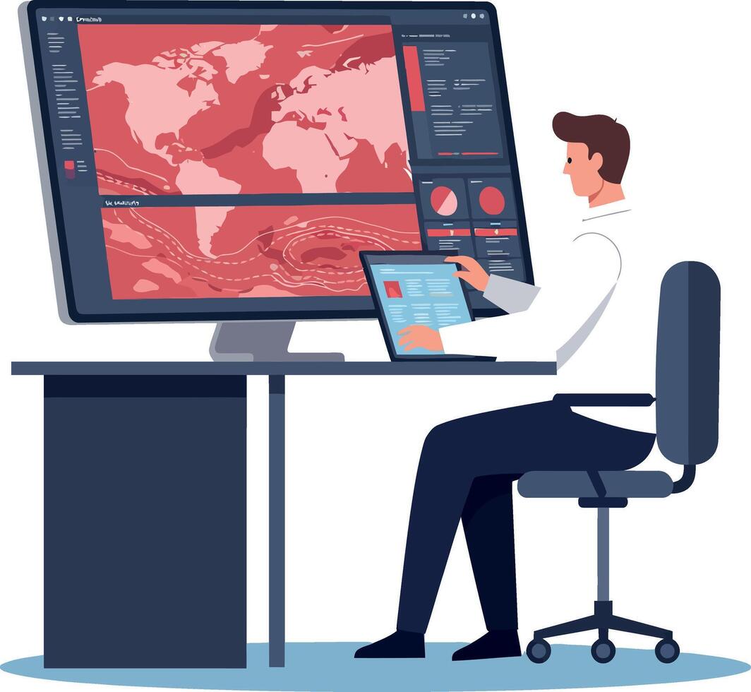 Man analyzing world map and data on computer and tablet flat digital workspace art vector