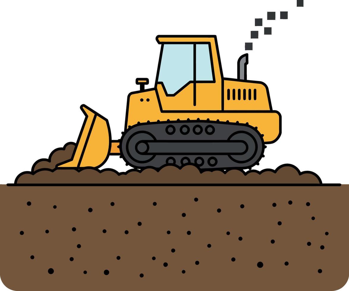 Yellow bulldozer pushing dirt with black tracks in flat style construction art vector