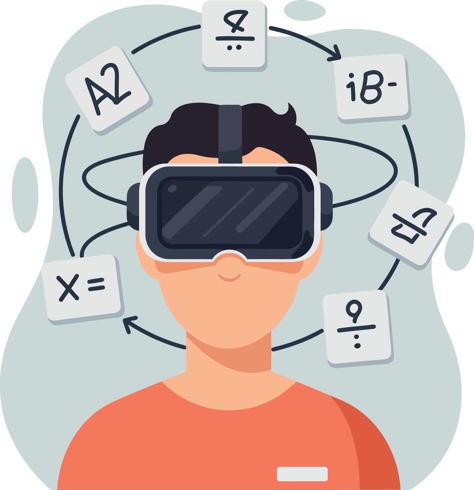 Young man wearing virtual reality headset solving math problems flat design digital education illustration vector