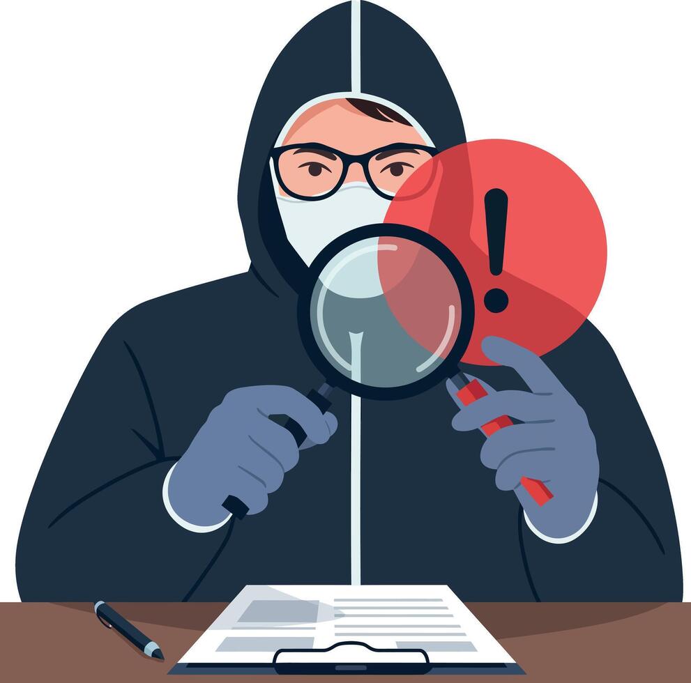 Person in protective suit examining documents with magnifying glass and alert symbol flat illustration vector