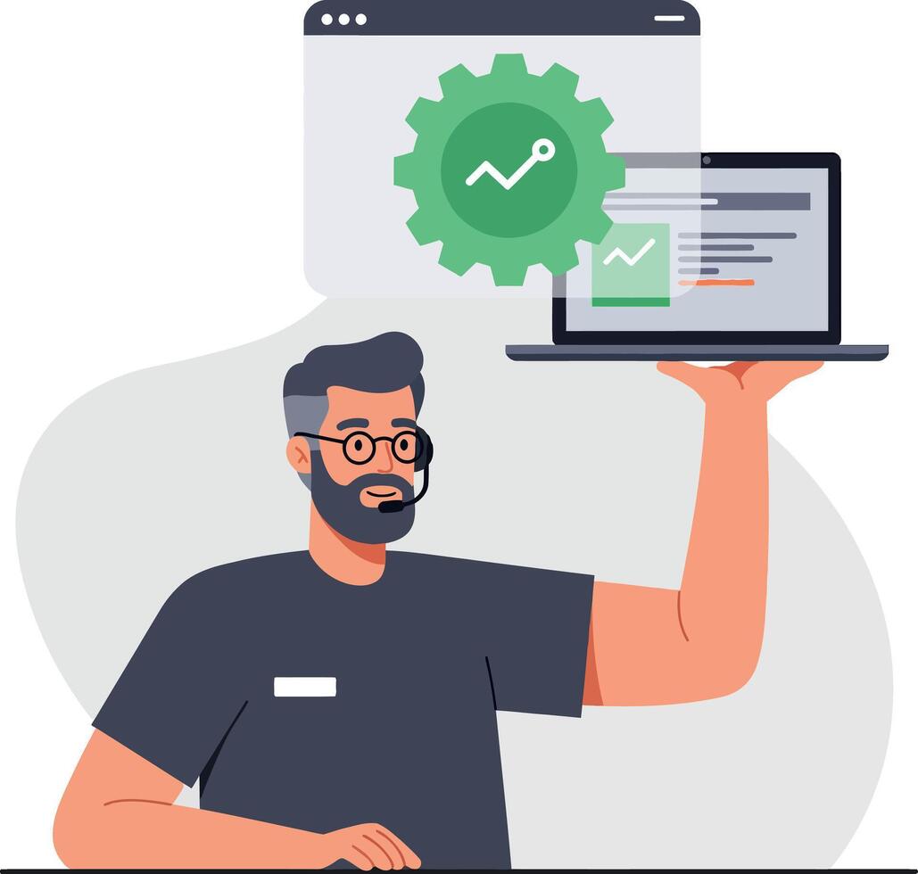 Man holding laptop with analytics and settings icons for technology development illustration vector
