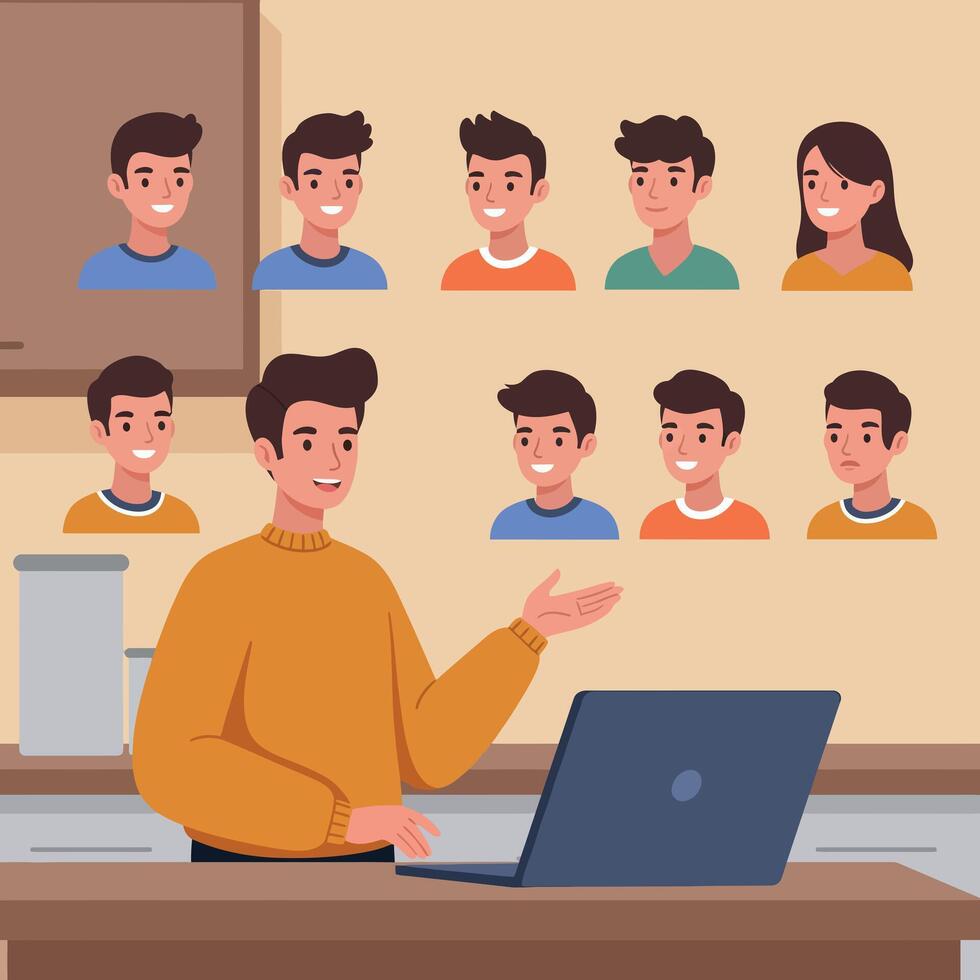 Young man conferencing with diverse colleagues in flat style digital remote work illustration vector