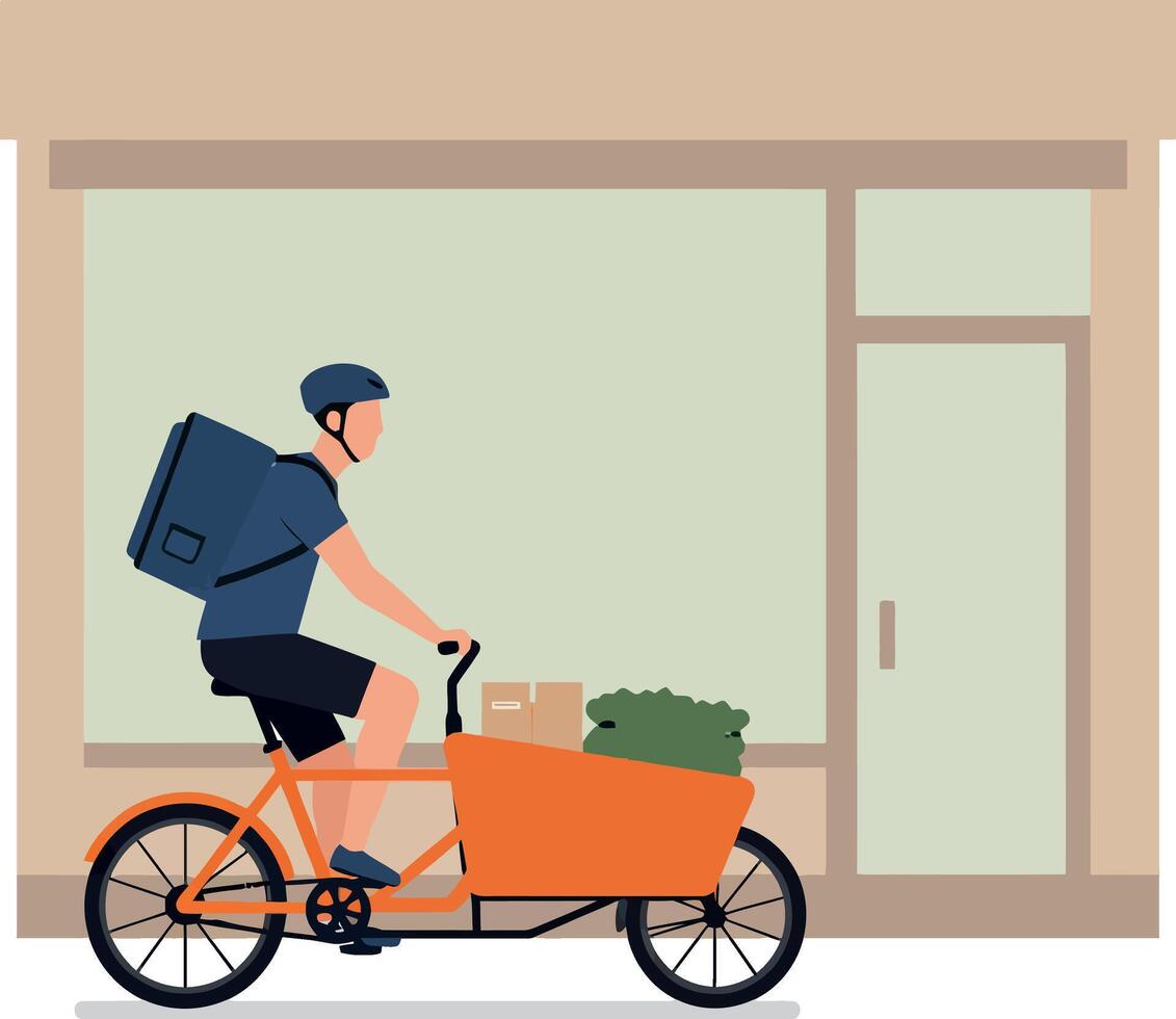Delivery man riding orange cargo bicycle with packages in front of storefront flat design illustration vector