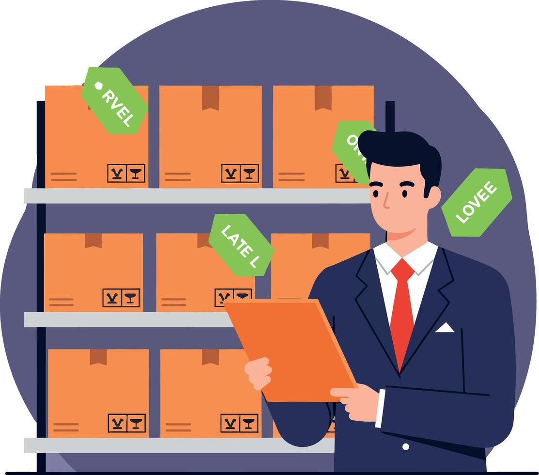 Man in business suit checking inventory with clipboard in warehouse flat design illustration vector