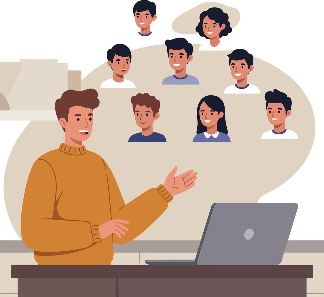 Man in orange sweater conferencing with diverse group of people minimal flat illustration vector