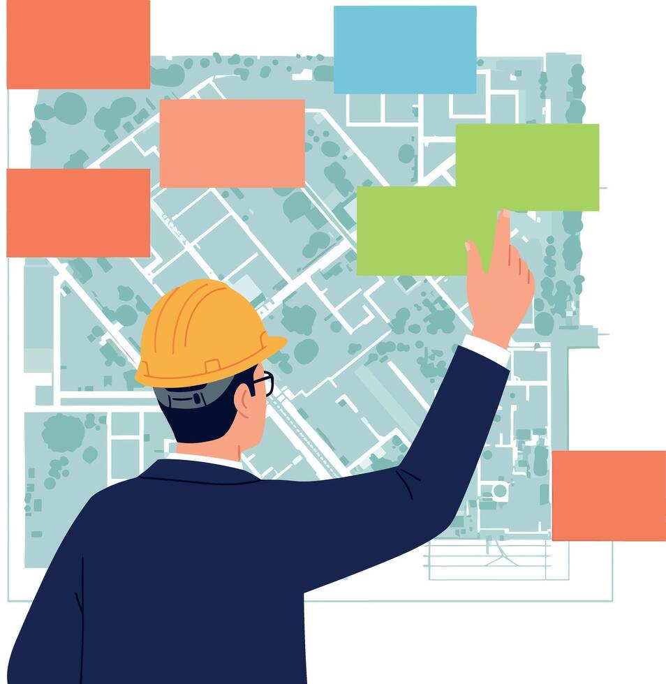 Construction engineer planning project on city map with colorful sticky notes illustration vector