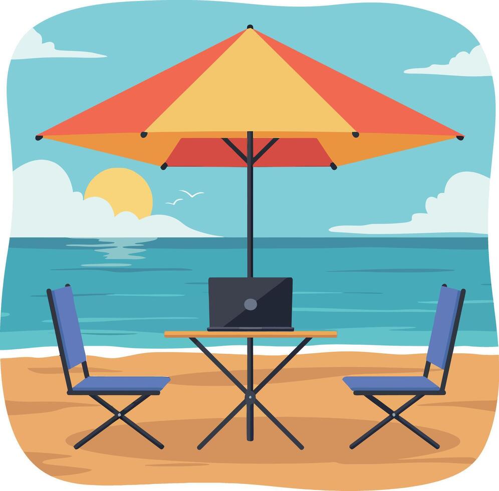 Outdoor beach seating with umbrella and laptop in flat design illustration vector