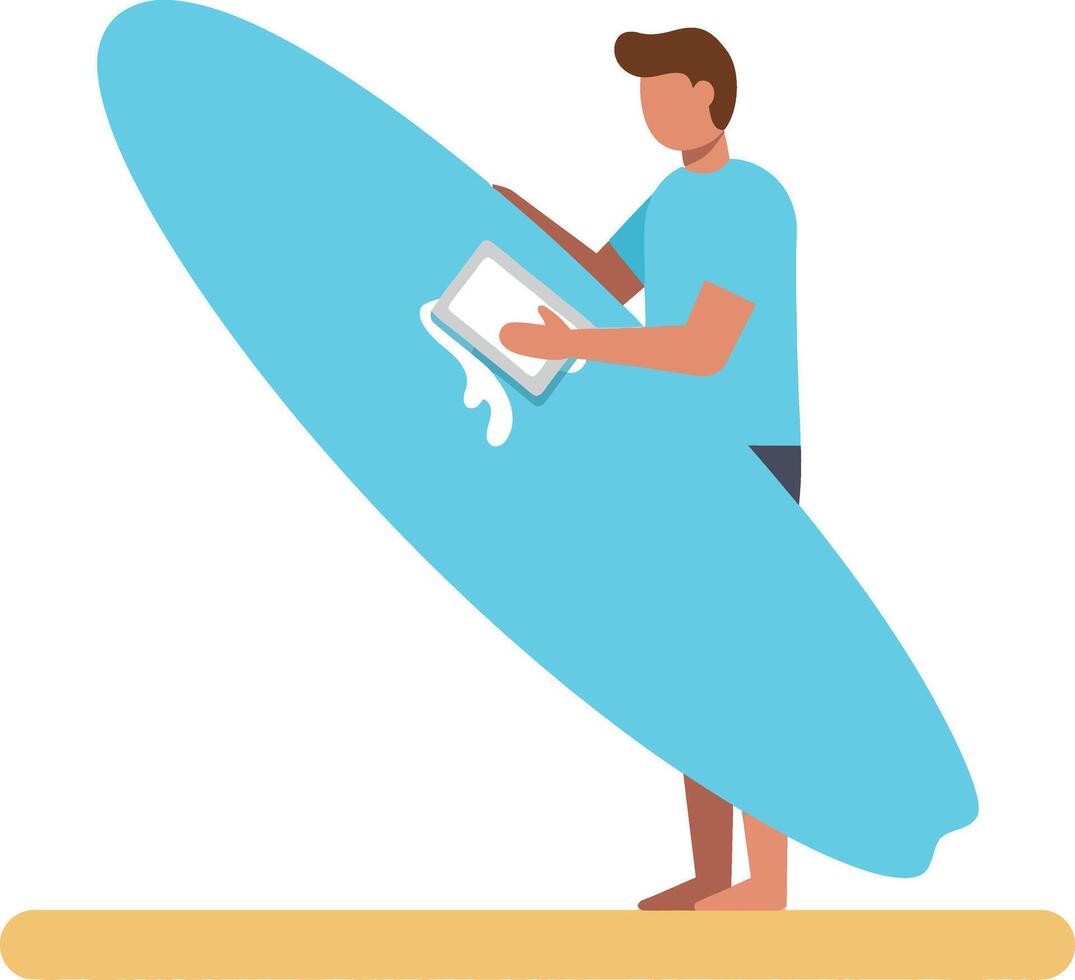Surfer holding blue surfboard standing on beach illustration with minimal design vector