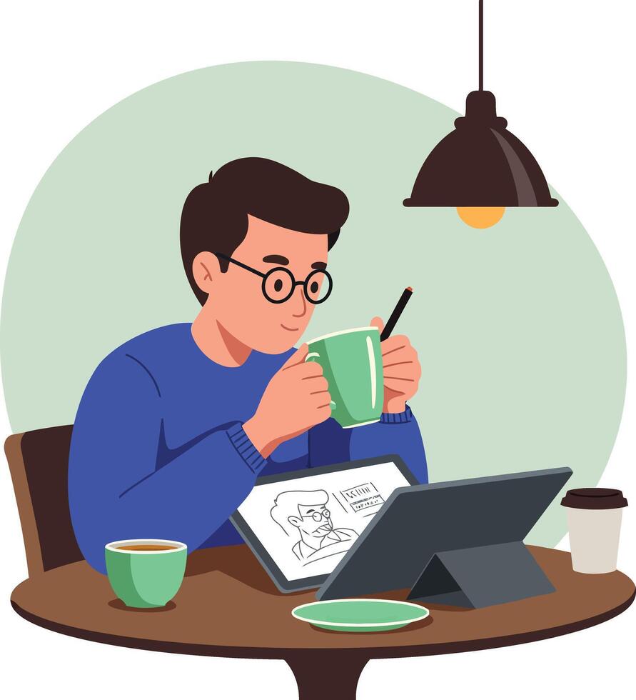Young man drinking coffee while working with tablet digital drawing flat design illustration vector