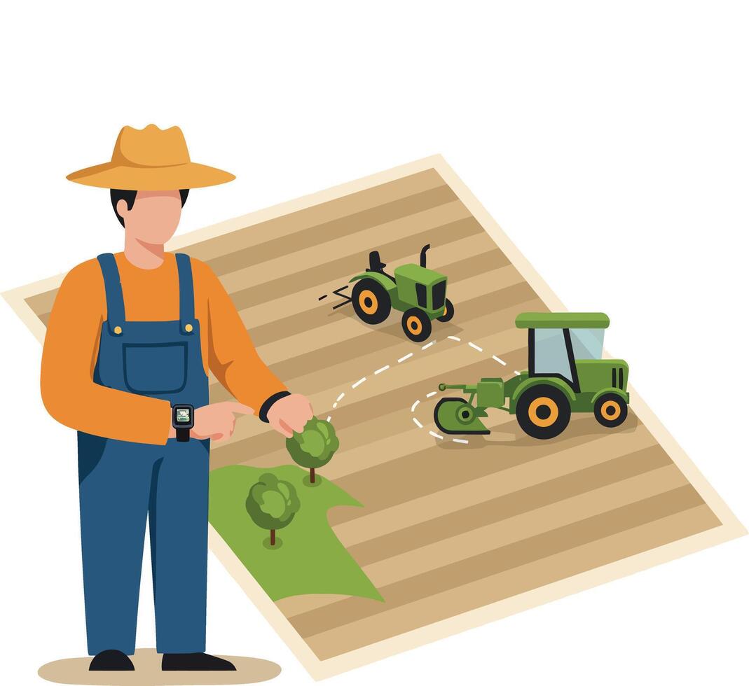 Farmer with hat and overalls planning agricultural field with tractors in flat design illustration vector
