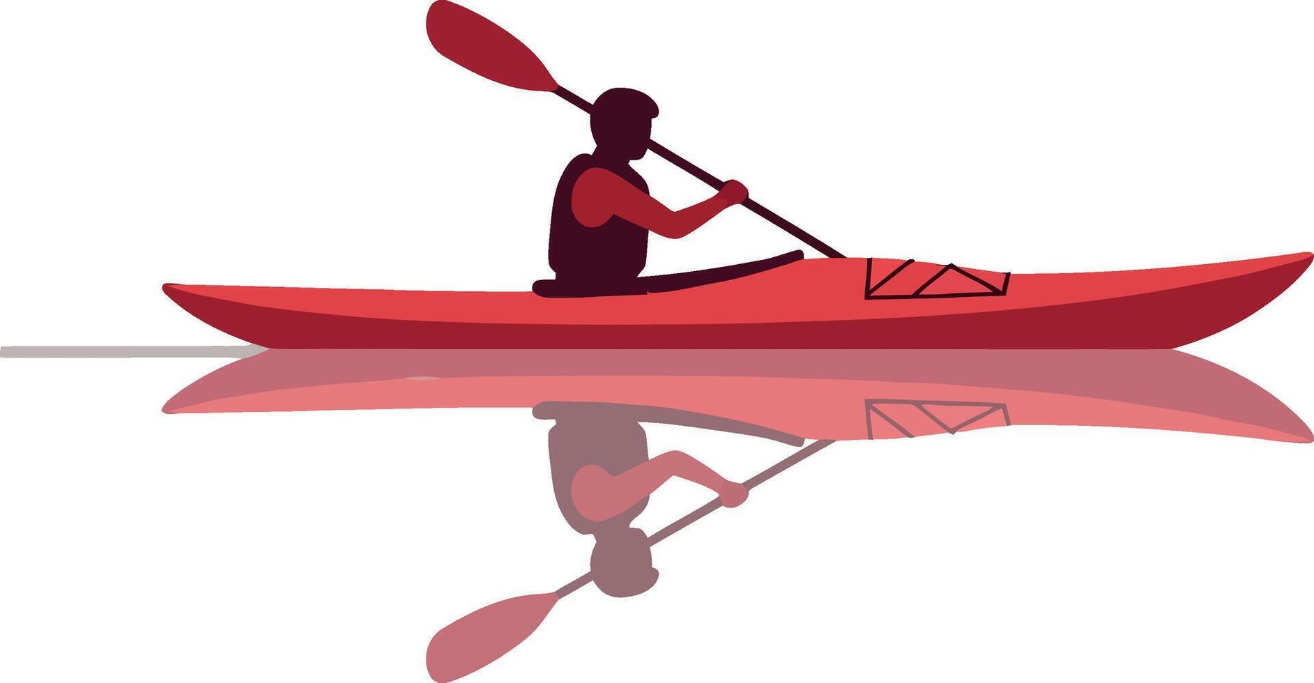Silhouette of person paddling red kayak on calm water with reflection minimal flat illustration vector