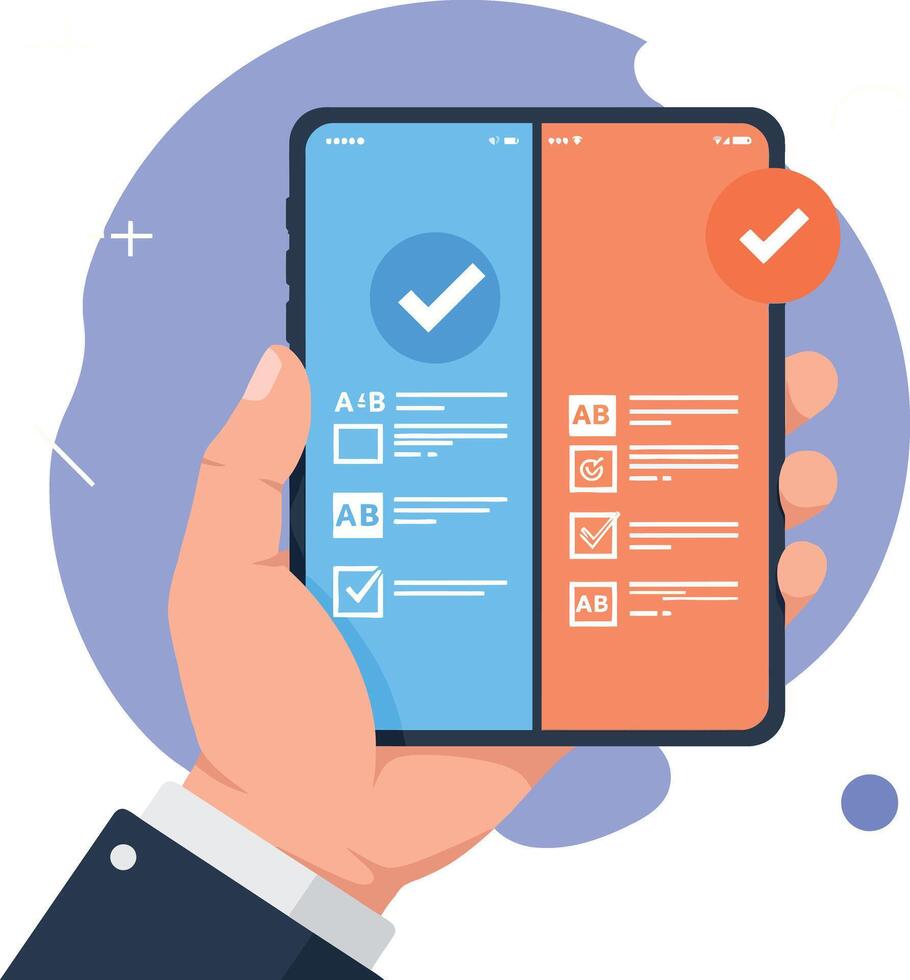 Hand holding smartphone with split screen showing blue and orange A B testing interface flat design illustration vector