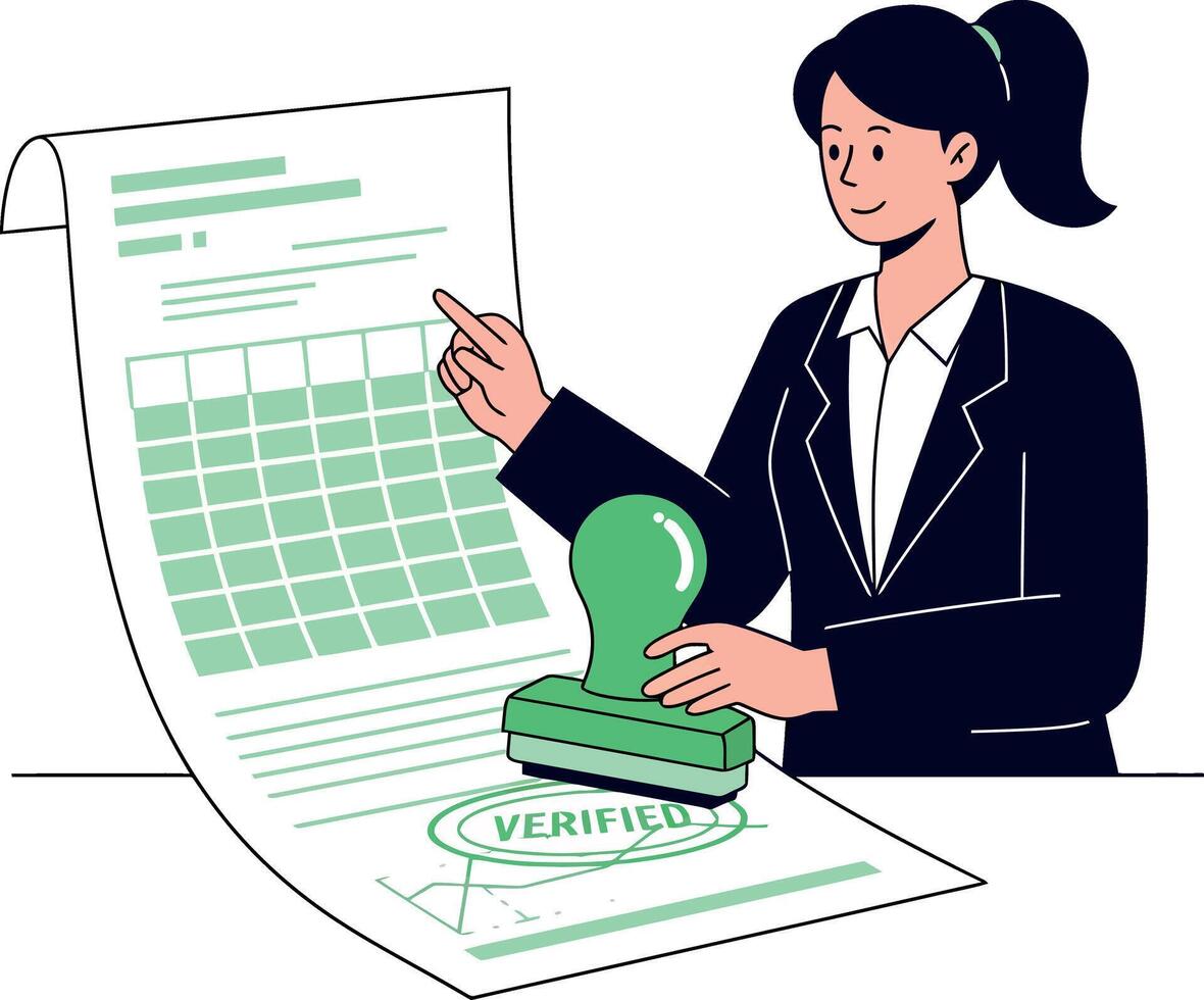 Businesswoman in formal suit stamping verified document with large green stamp flat style illustration vector