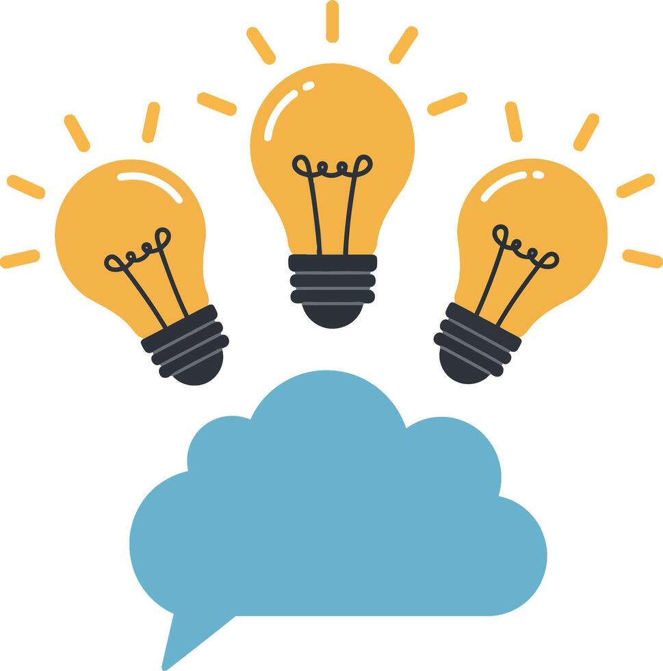 Three glowing yellow light bulbs above blue speech bubble flat design creative idea illustration vector