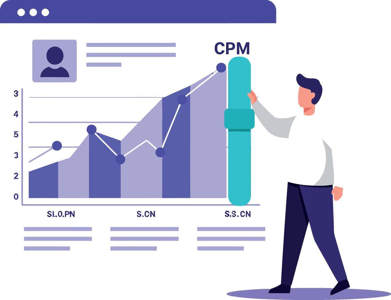Businessman analyzing rising data chart with purple bar graphs flat design illustration vector