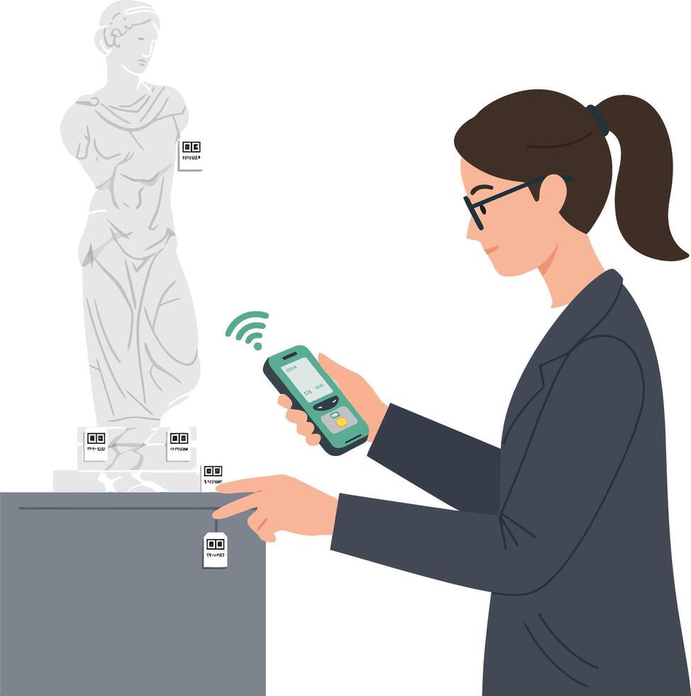 Woman using handheld scanner to identify museum statue with tags flat digital art illustration vector