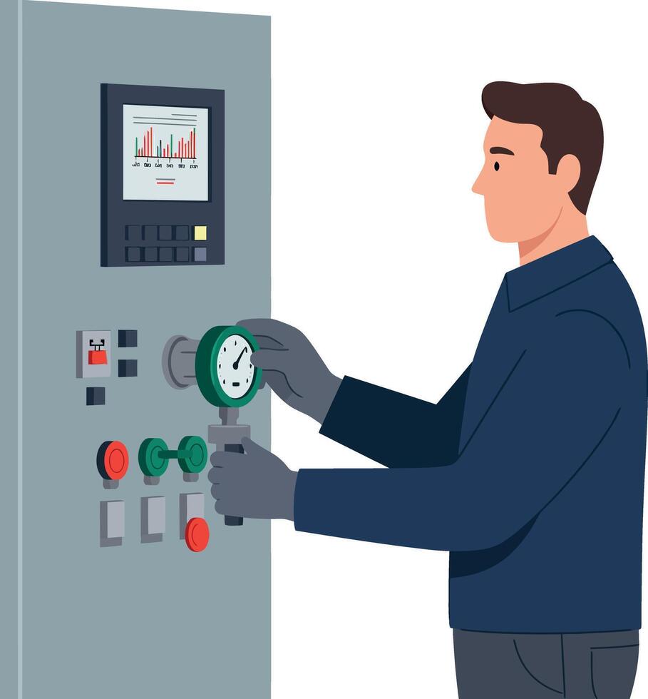 Male technician adjusting industrial control panel gauges in flat style illustration vector