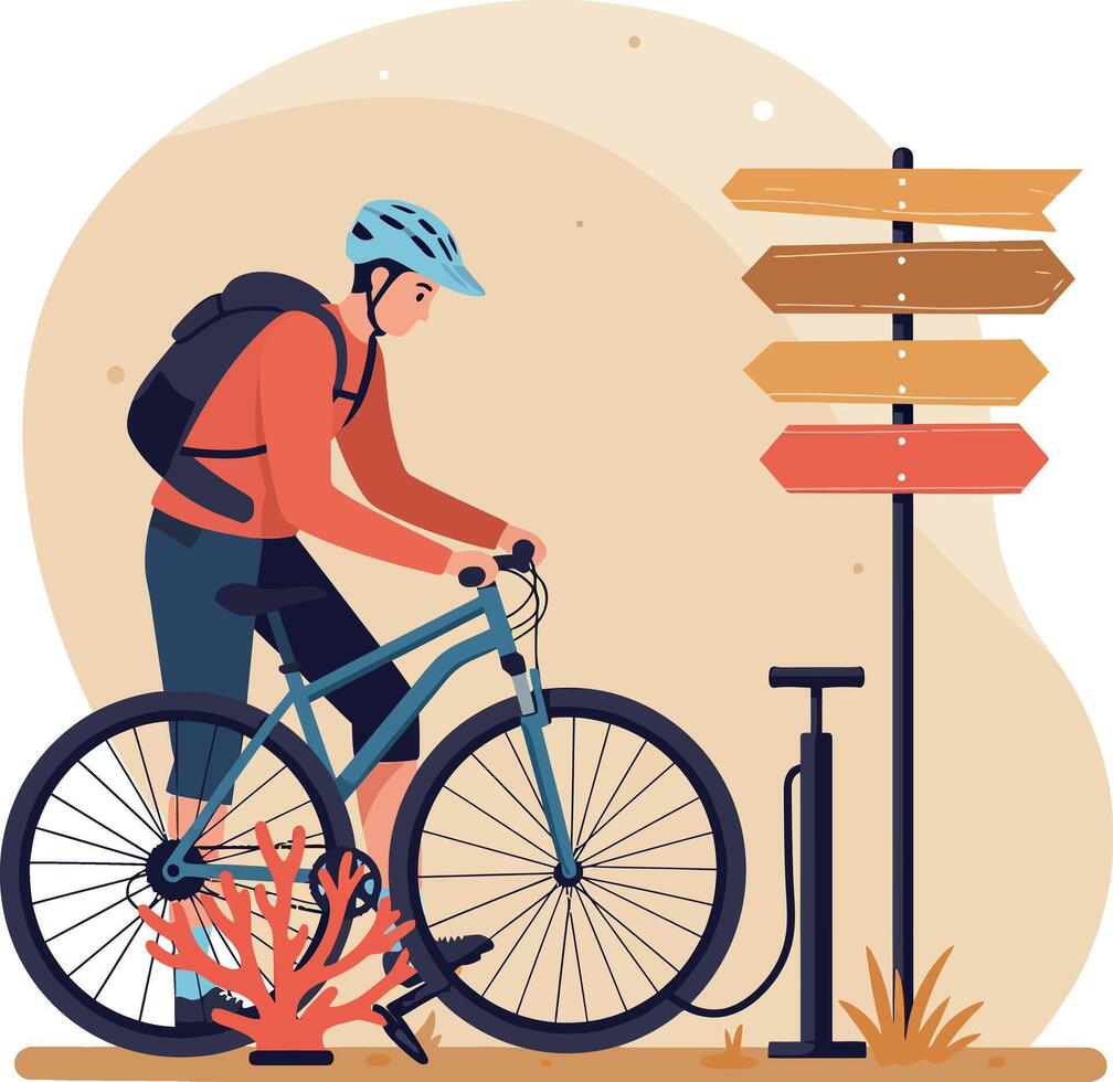 Male cyclist in helmet repairing tire near signpost outdoors flat design illustration vector