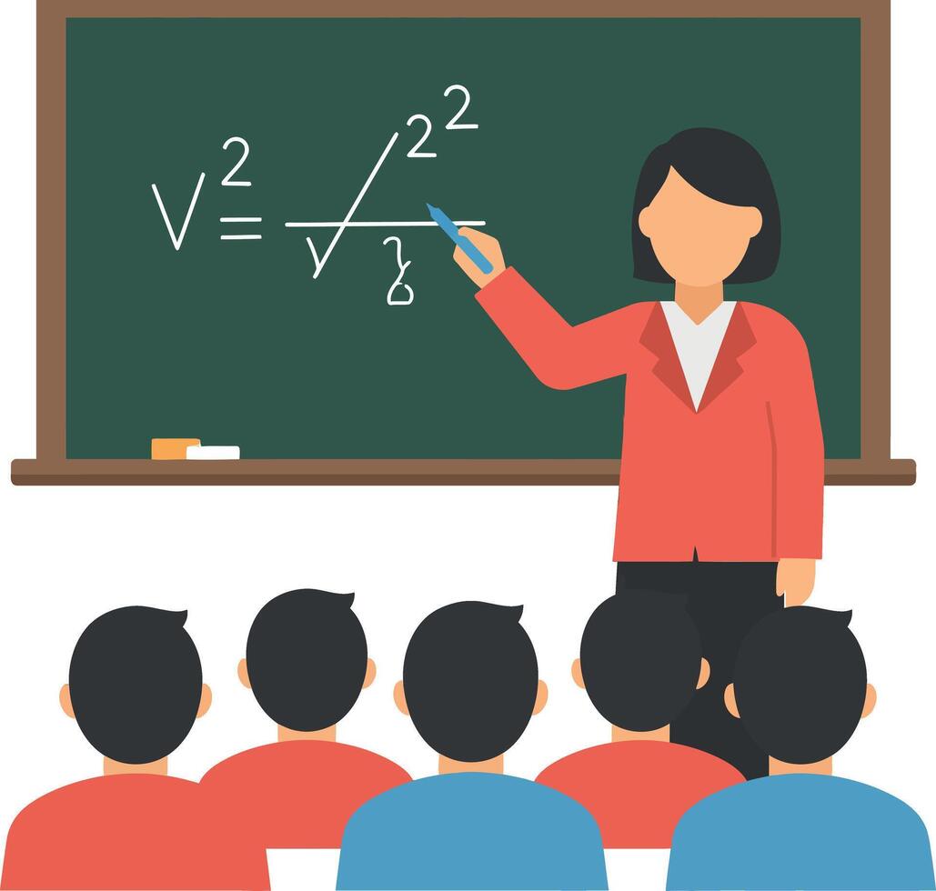 Female teacher explaining physics formula on chalkboard with attentive students flat educational art vector