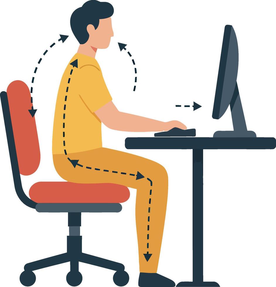 Man sitting at desk with computer demonstrating ergonomic posture in flat design illustration vector