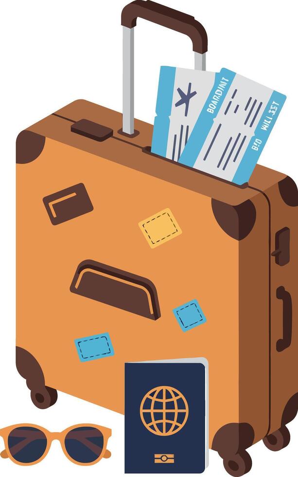 Brown suitcase with travel stickers, passport, boarding pass, and sunglasses in minimal flat illustration vector