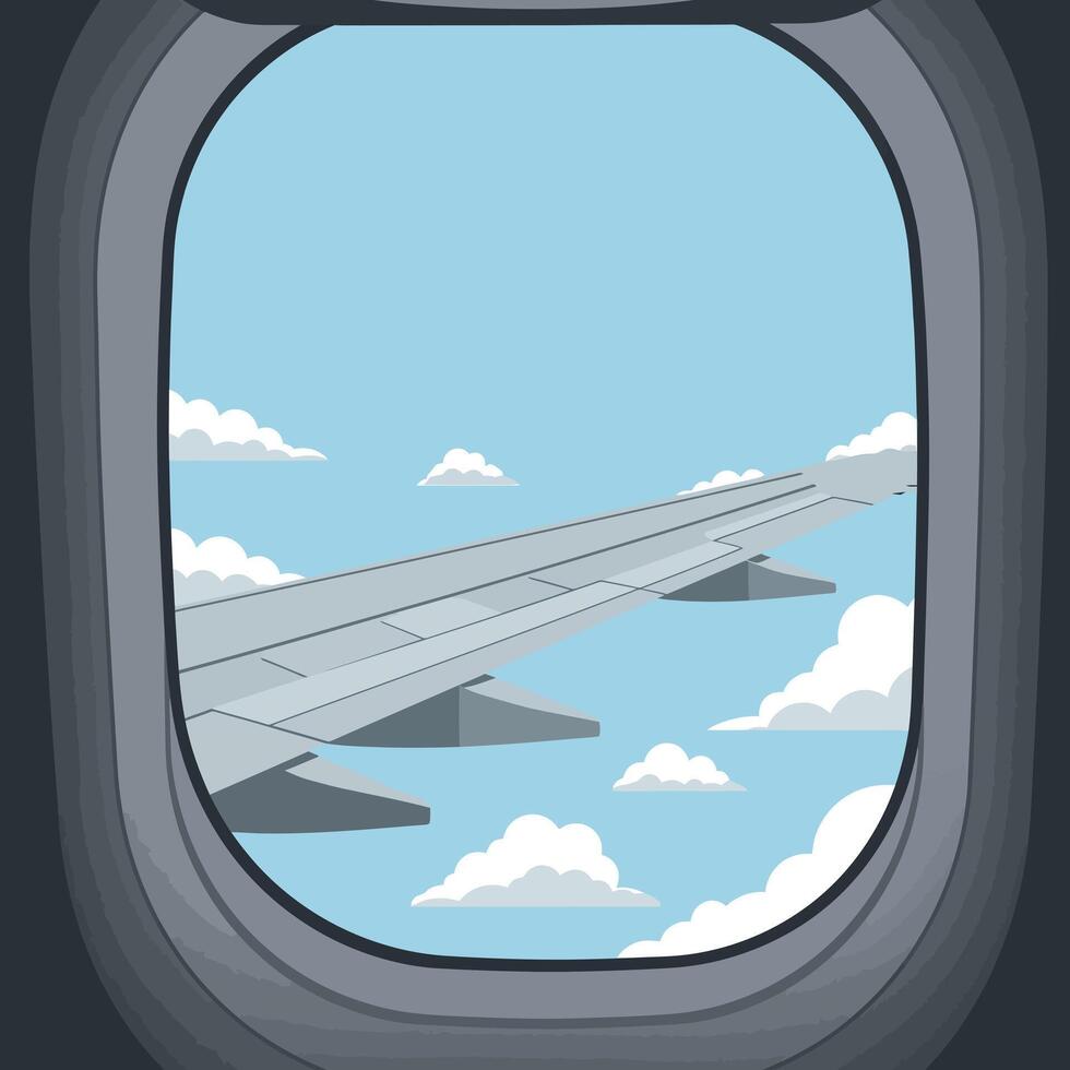 Airplane wing viewed through aircraft window with clouds and blue sky flat design illustration vector