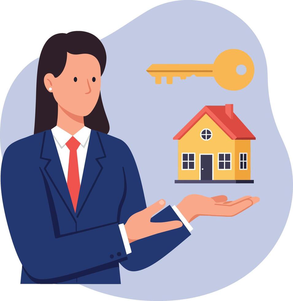 Professional businesswoman holding miniature house and golden key flat design illustration vector