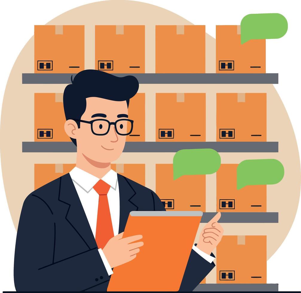 Man in suit holding clipboard checking inventory with cardboard boxes in warehouse flat design illustration vector