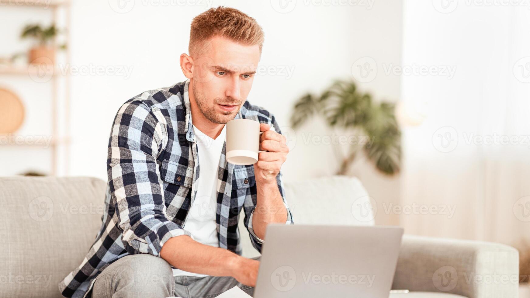 Freelance Concept. Portrait of focused man working in living room, sitting on couch, looking at personal computer. Teleworking. Guy typing on keyboard, doing remote project at home office, copy space photo