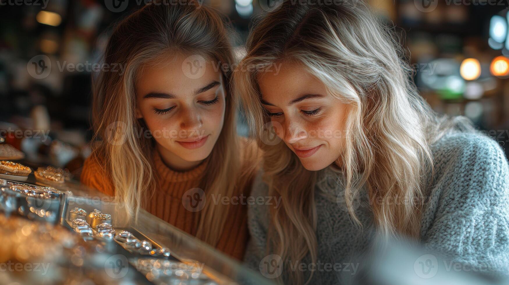 Two young women explore an array of beautiful jewelry in a charming market shop. They share smiles while admiring the shimmering items on display. photo