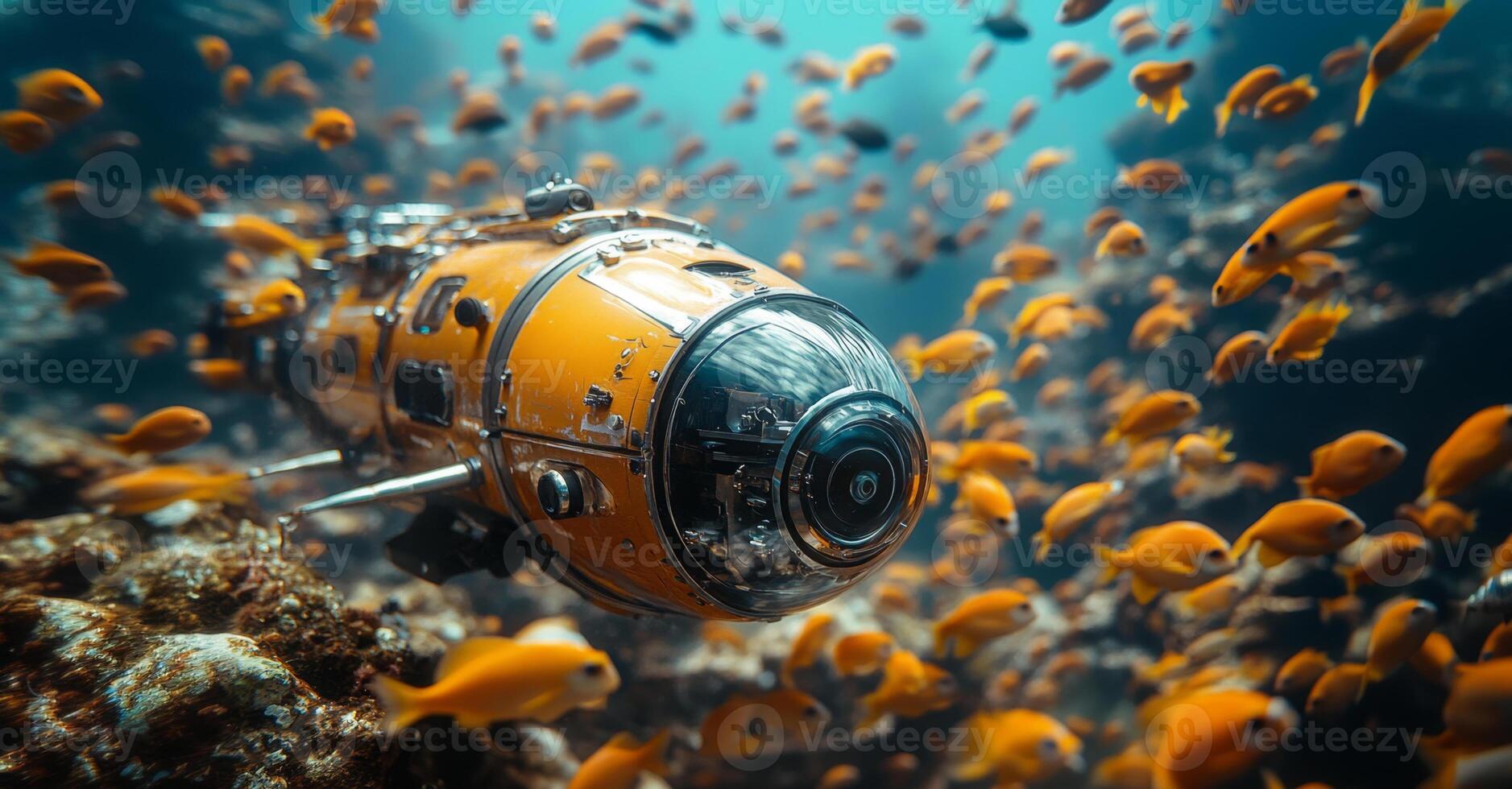 A sophisticated robot submarine navigates the depths of the ocean, surrounded by vibrant schools of fish. This exploration highlights the marvels of underwater ecosystems and technology. photo