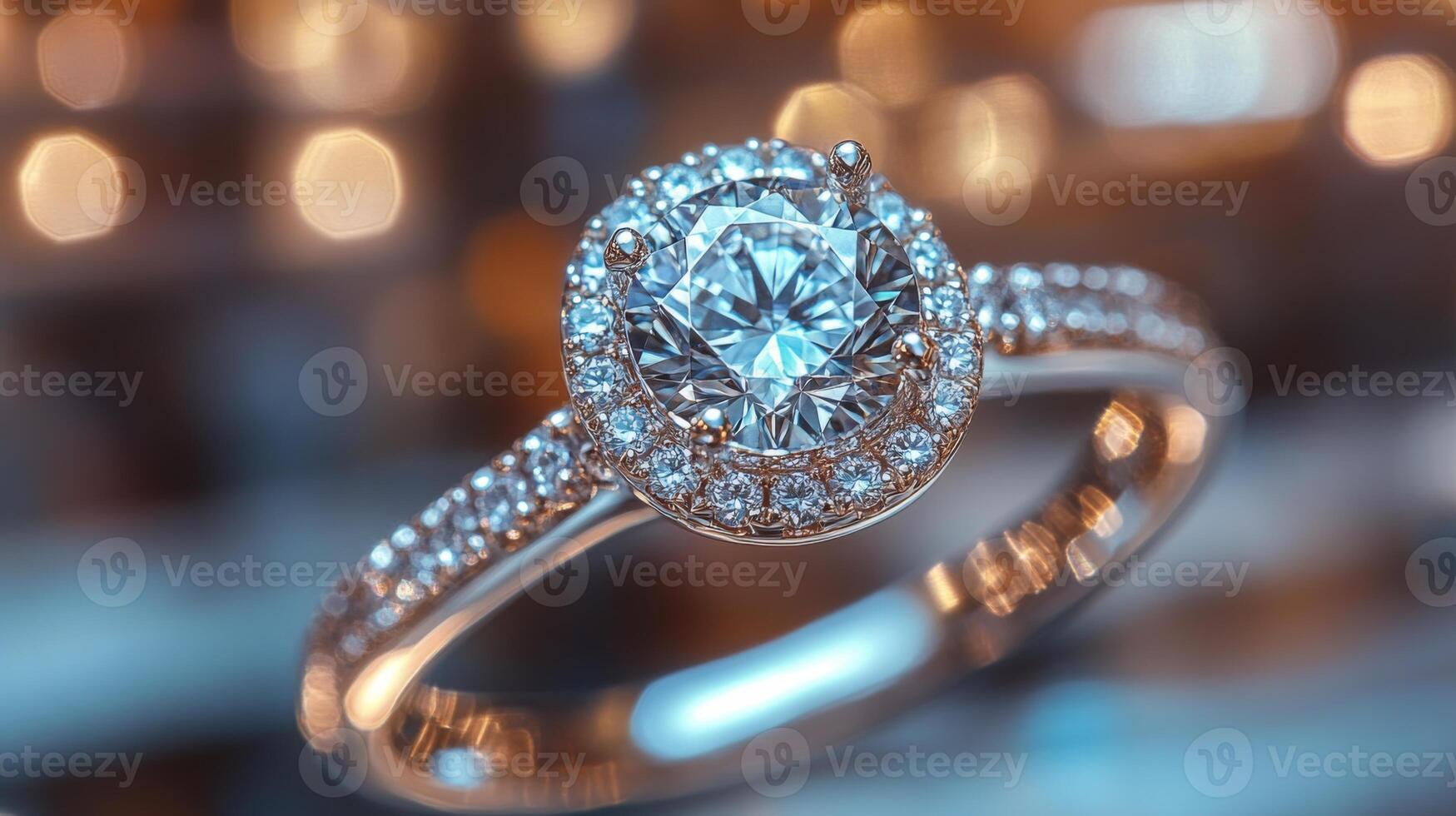 A beautifully crafted diamond ring shines with a halo of smaller stones surrounding a central diamond. photo