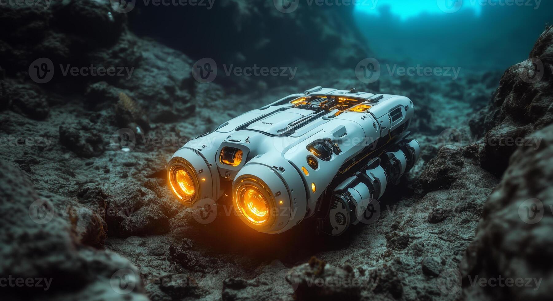 A robot submarine explores the ocean floor, capturing data and images in the deep. Equipped with lights, it navigates rugged terrain while contributing to underwater research and discovery efforts. photo