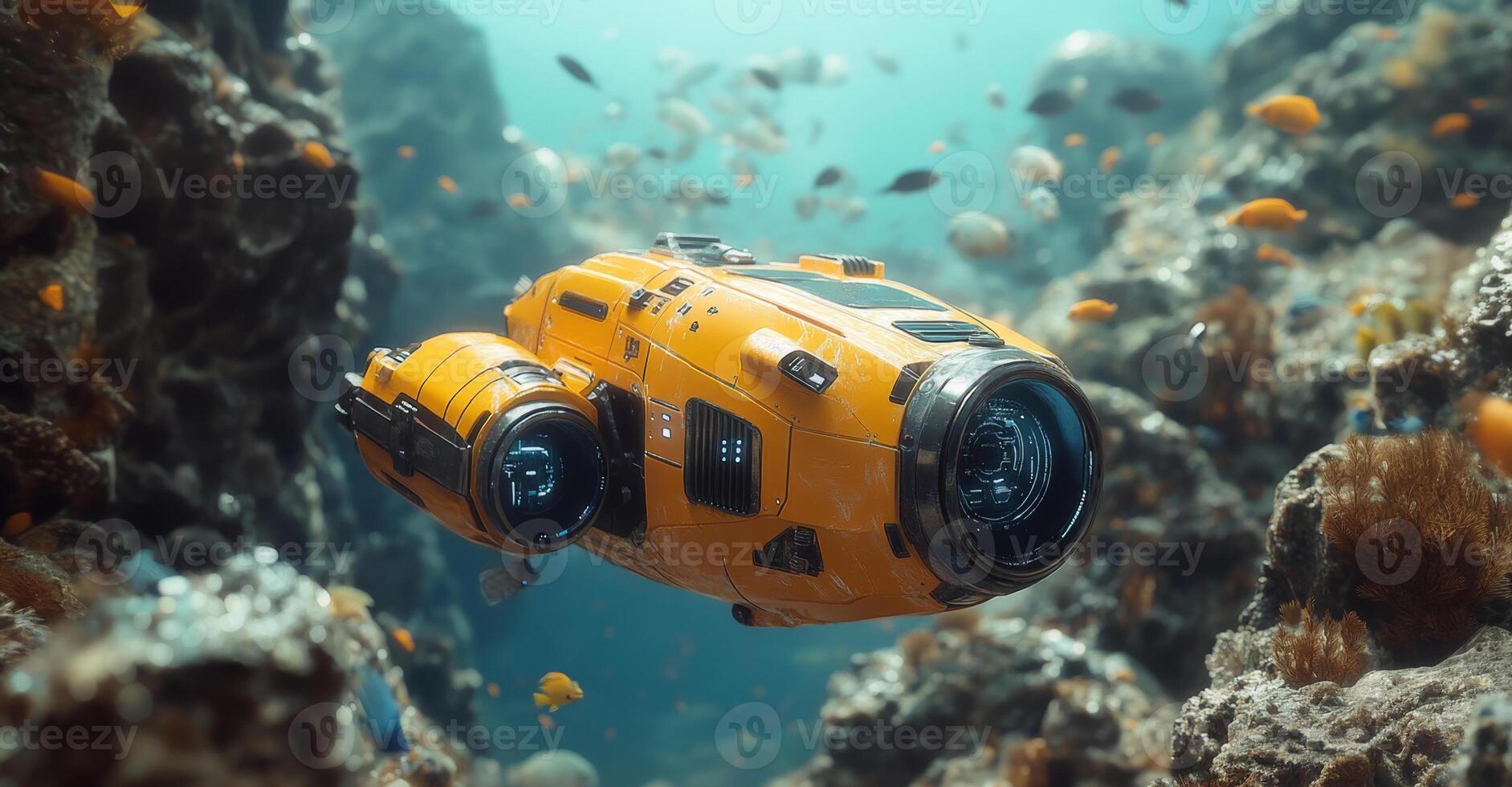 Exploration delves into deep ocean surroundings as a state-of-the-art submarine robot navigates through colorful coral reefs and diverse marine life, uncovering secrets of underwater ecosystems. photo