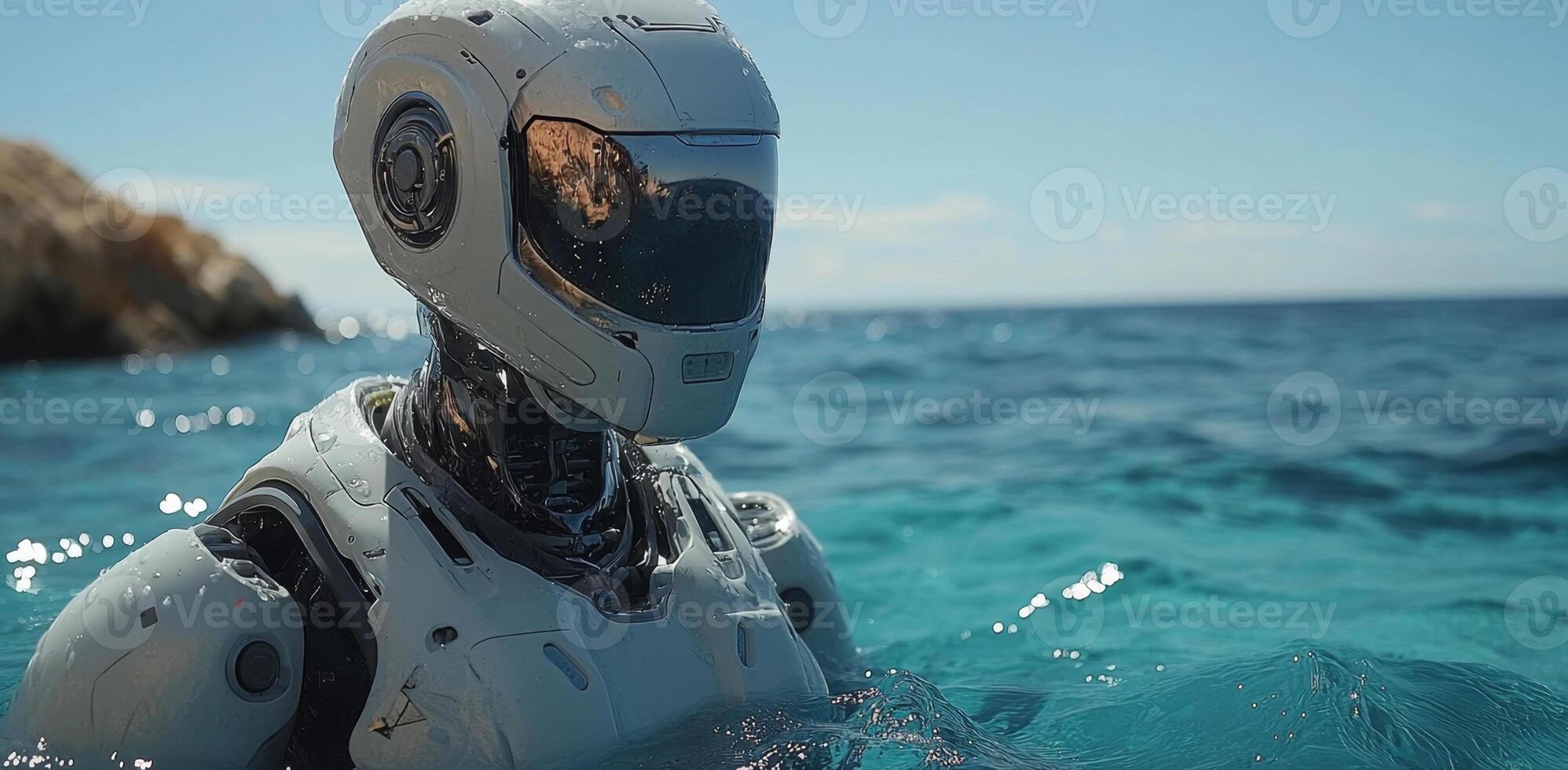 A sleek diving robot emerges from the tranquil ocean surface, showcasing its advanced design for deep sea exploration. The sunlight gleams off its metallic surface as it navigates the water. photo