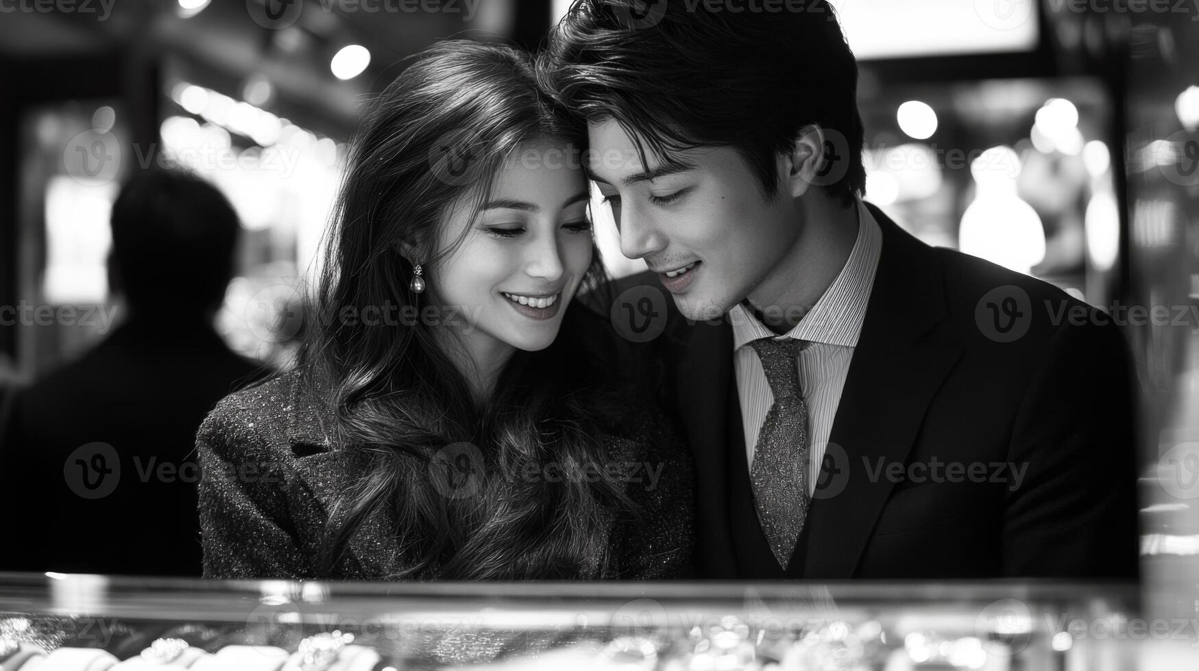 Two people share a joyful connection as they gaze at an array of pastries in a lively bakery, illuminated by warm light in the evening. Their smiles reflect happiness and intimacy. photo