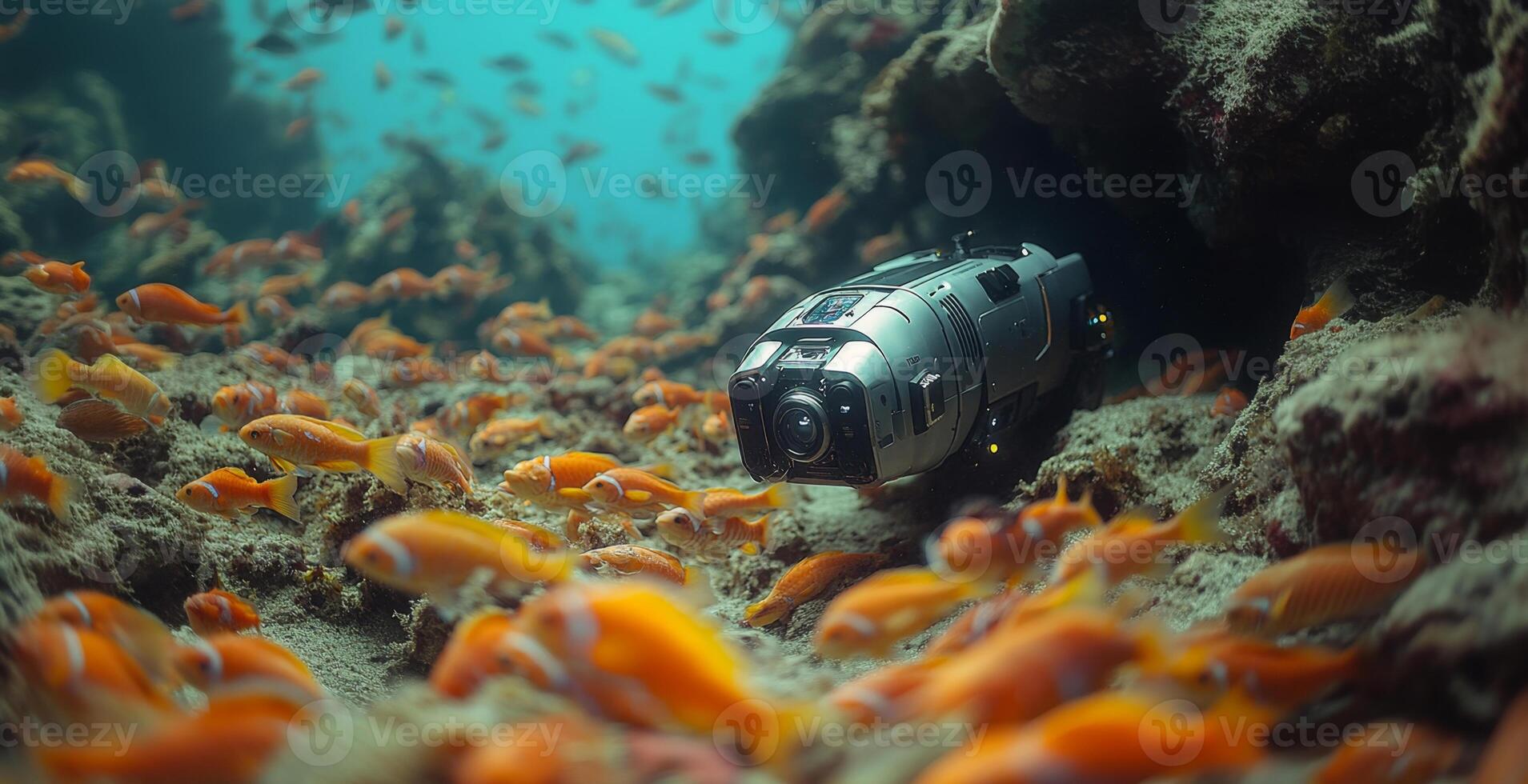 Robotic submarines navigate the depths of the ocean, capturing stunning images of colorful fish and intricate coral formations while exploring diverse marine habitats at great depths. photo