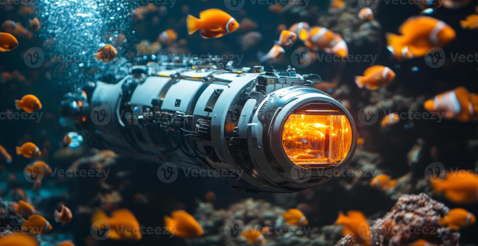 A robot submarine navigates the vibrant underwater realm, surrounded by schools of orange fish. photo