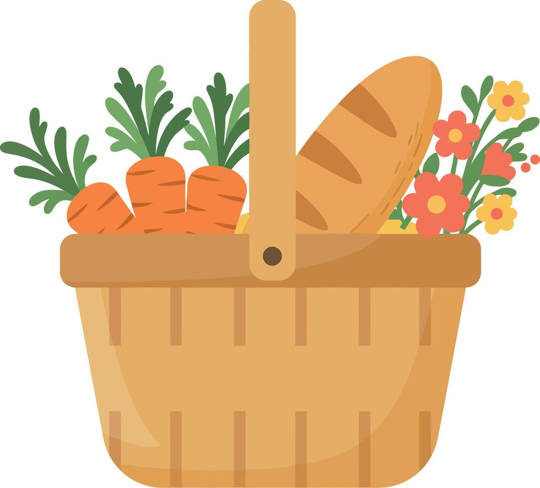 Picnic basket with fresh carrots bread and flowers flat minimal illustration vector