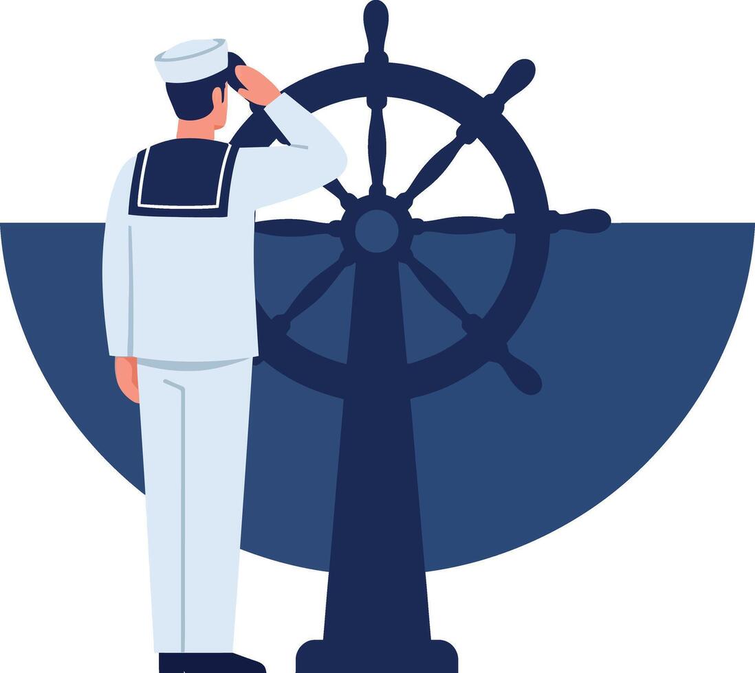 Sailor steering ship wheel in navy uniform illustration isolated on white background vector