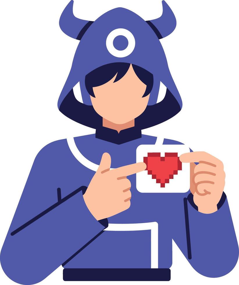 Character in purple monster hoodie holding pixelated heart mug illustration vector