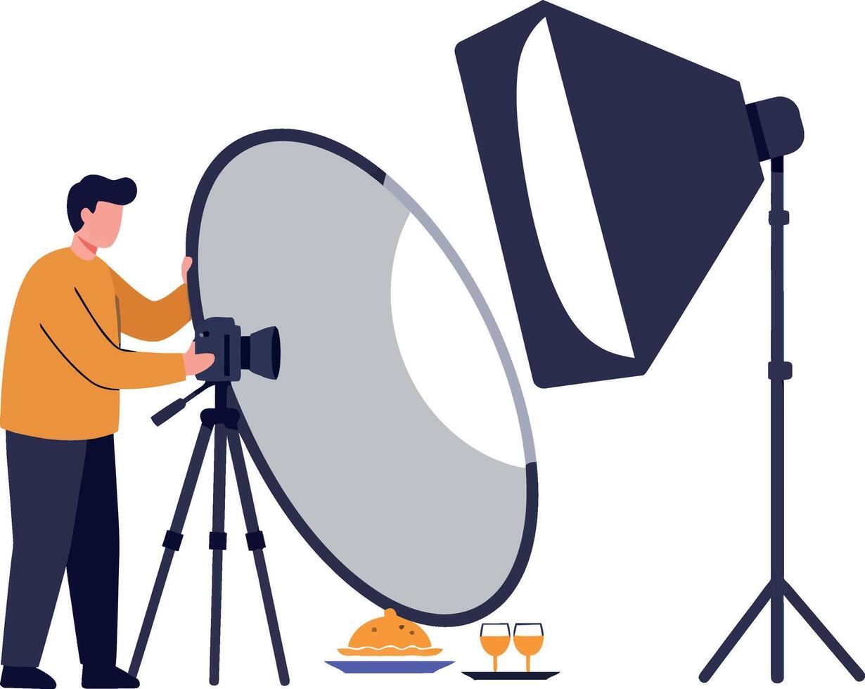 Photographer using studio lighting equipment with reflector and softbox for food photography illustration vector