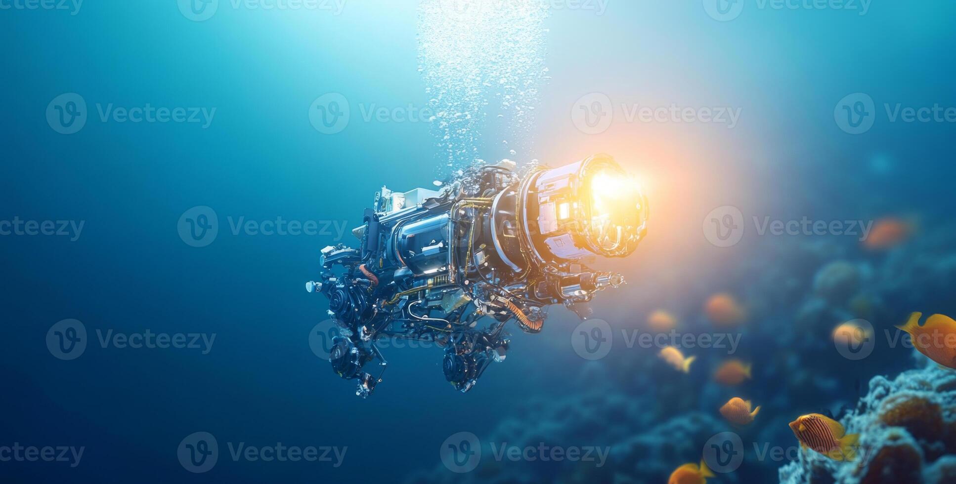 An advanced submarine robot navigates the deep ocean waters, equipped with cutting-edge technology for exploration. Fascinating marine life flutters by as it descends into the blue abyss. photo
